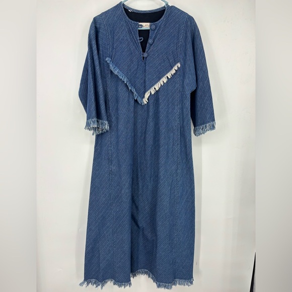 Vintage Jackie McCoy Denim V-neck Fringe Western Prairie Maxi Dress Blue M/L - Picture 1 of 5